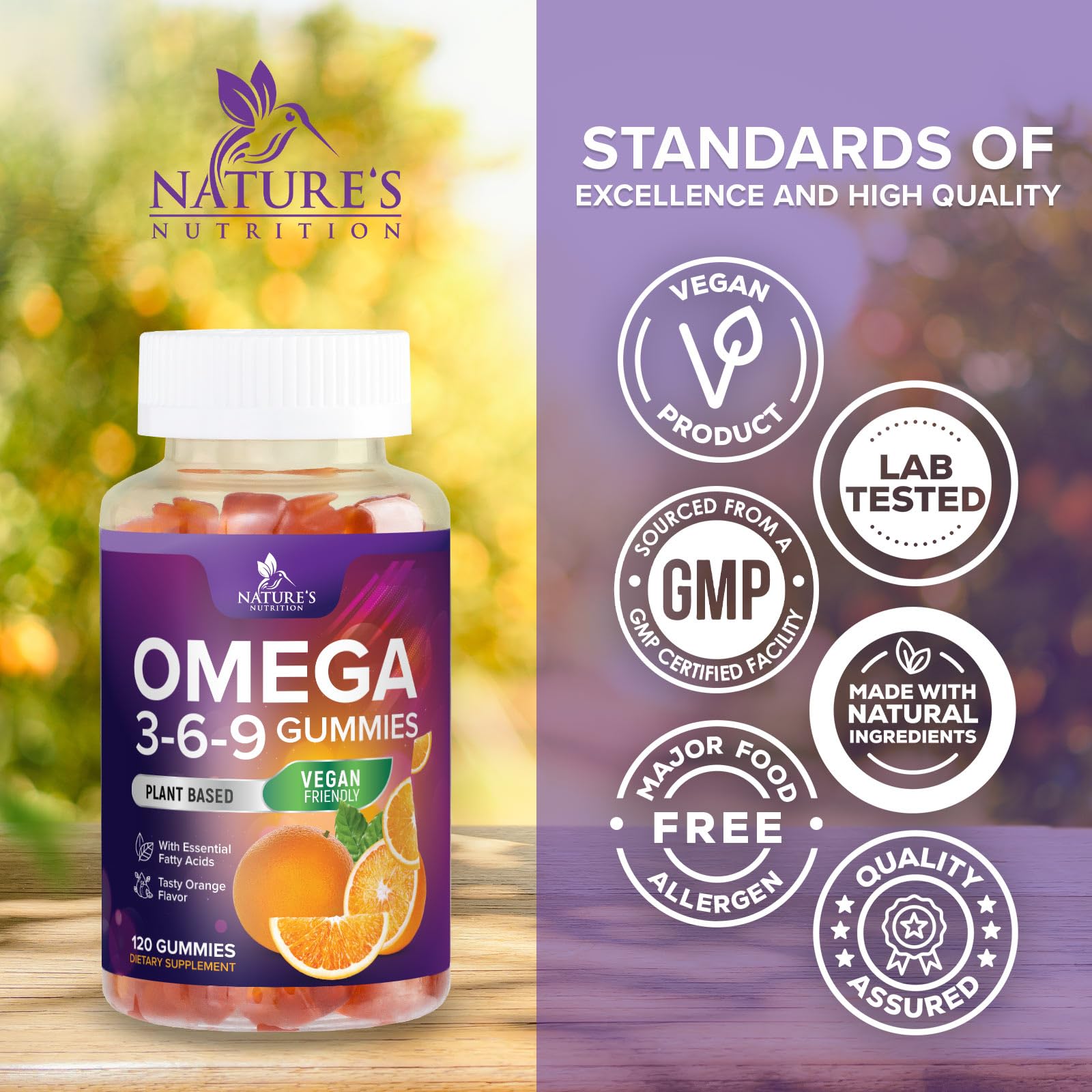 Nature's Nutrition omega-3-6-9 non-GMO formula label emphasizing purity