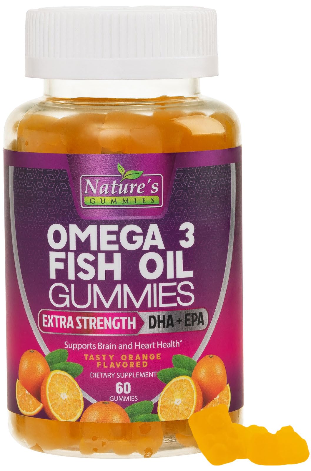 Nature's Nutrition Omega 3 Gummies bottle highlights heart and brain support with orange flavor.