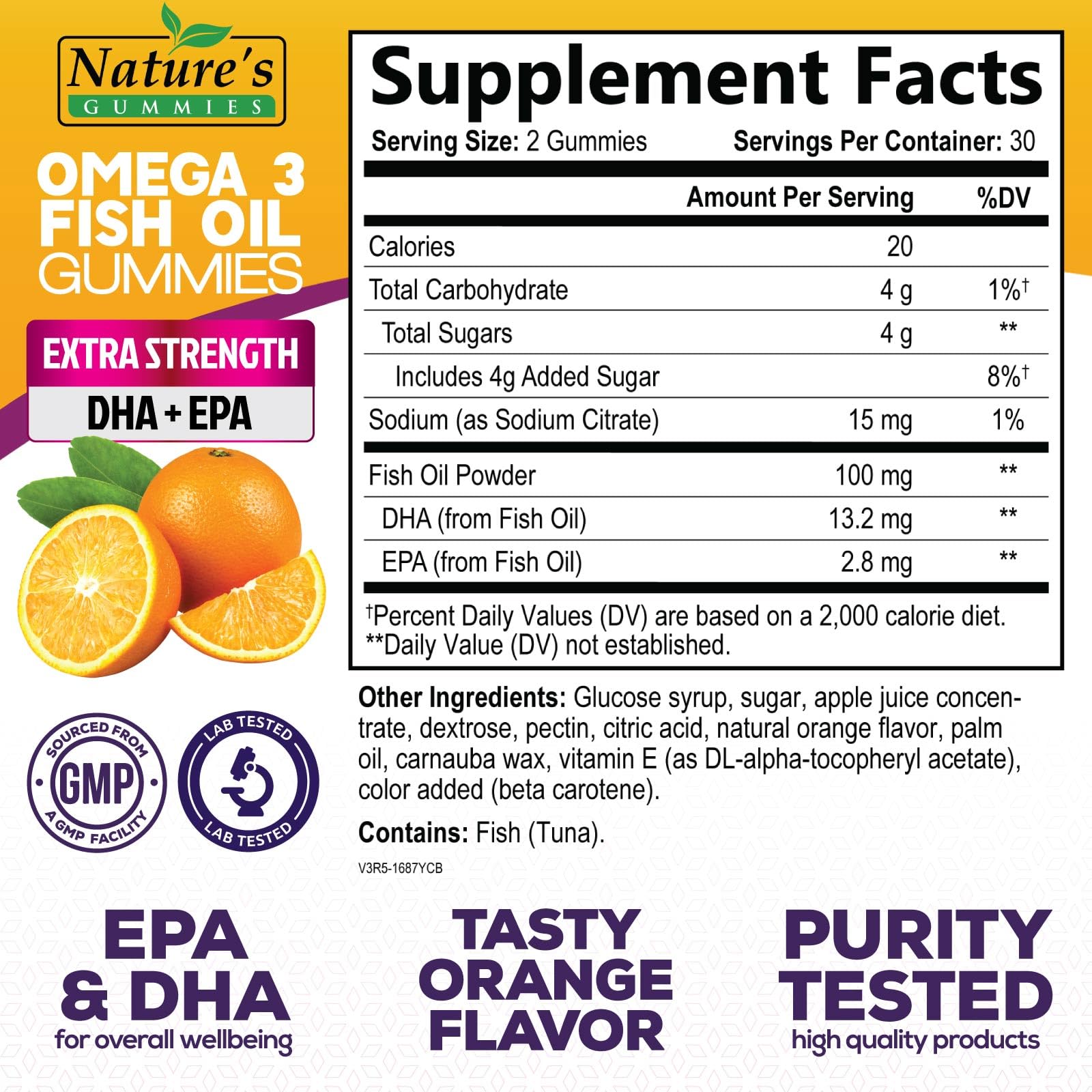 Close-up of Nature's Nutrition Omega 3 gummies shows chewy texture and omega-3 benefits.