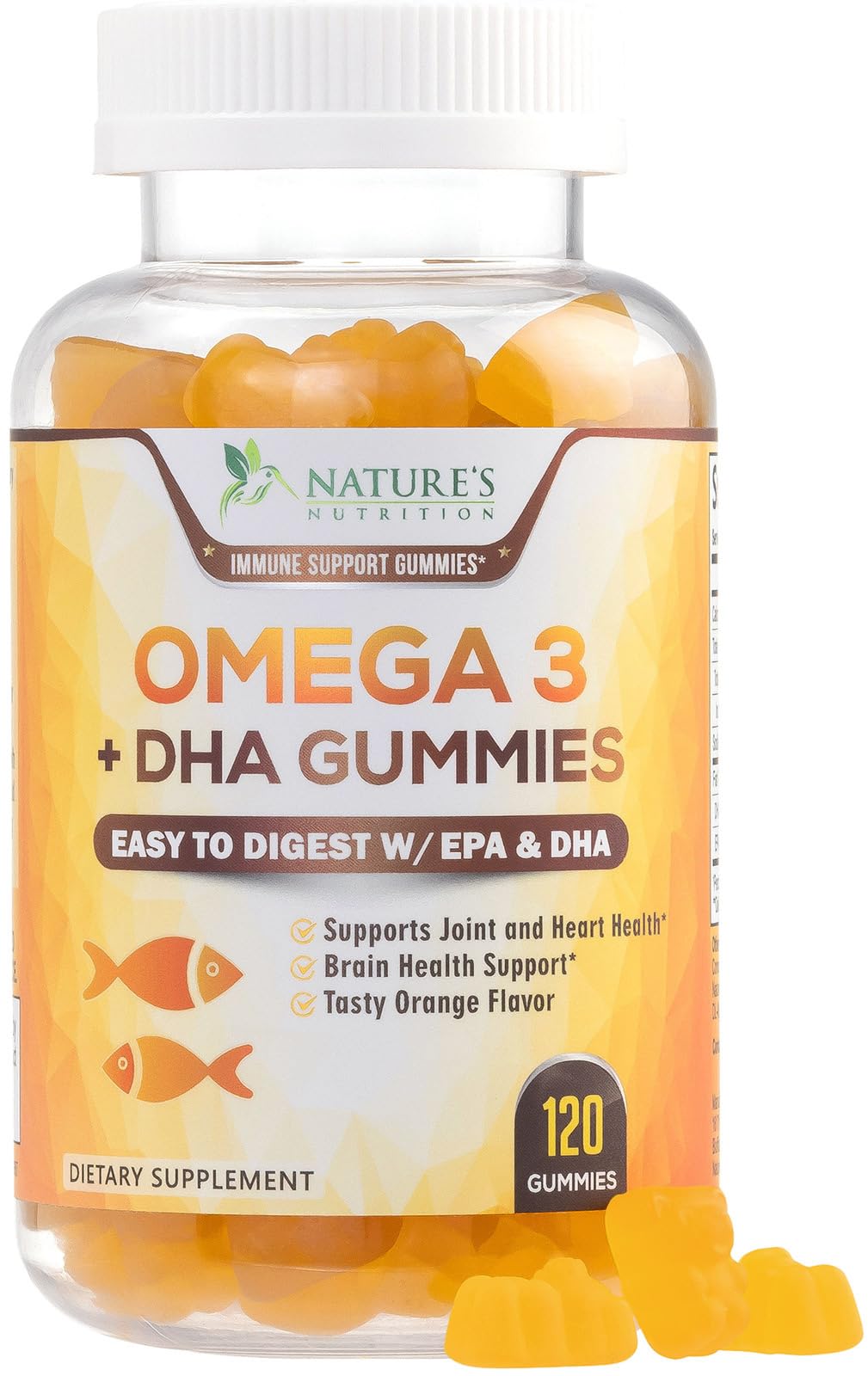Nature's Nutrition Omega-3 Gummies orange bottle for daily flavorful omega-3 intake