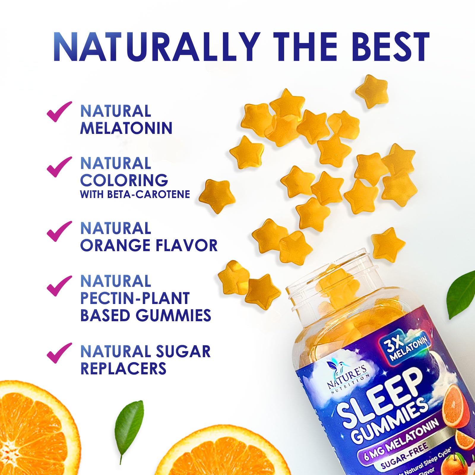 Nature's Nutrition Orange Flavor Melatonin Gummies highlighting tasty night-time option.