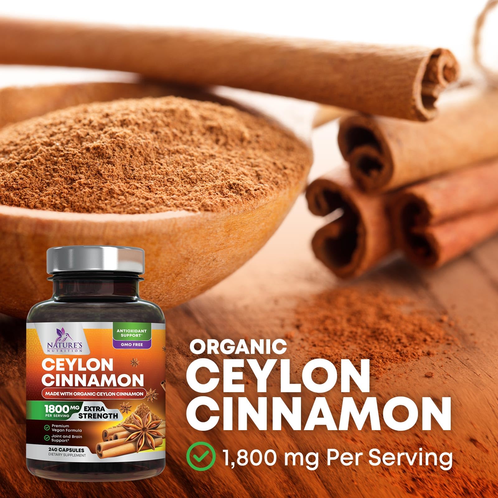 Organic certification seal on Nature's Nutrition Cinnamon label.