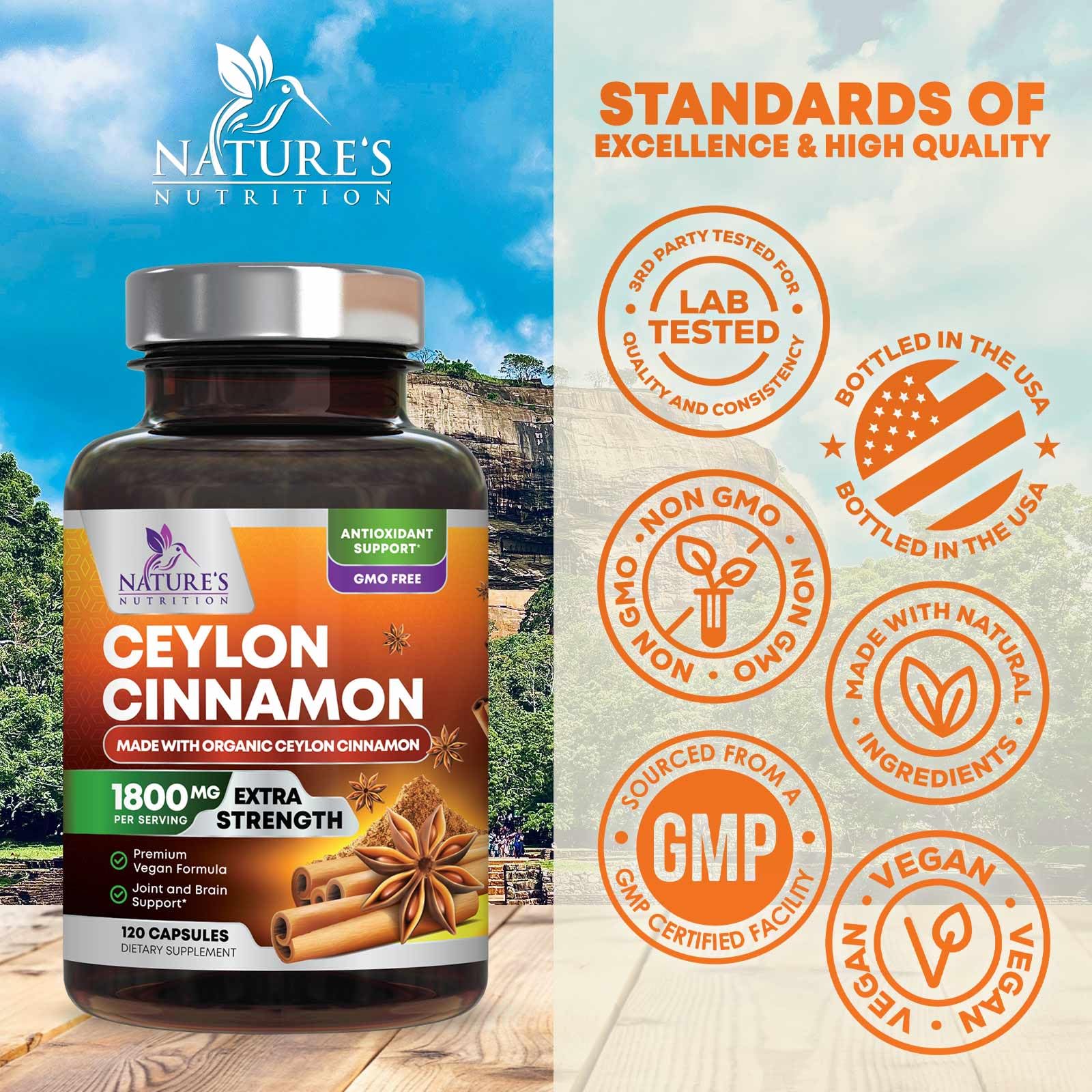 Nature's Nutrition Organic Ceylon Cinnamon bottle with USA packaging.