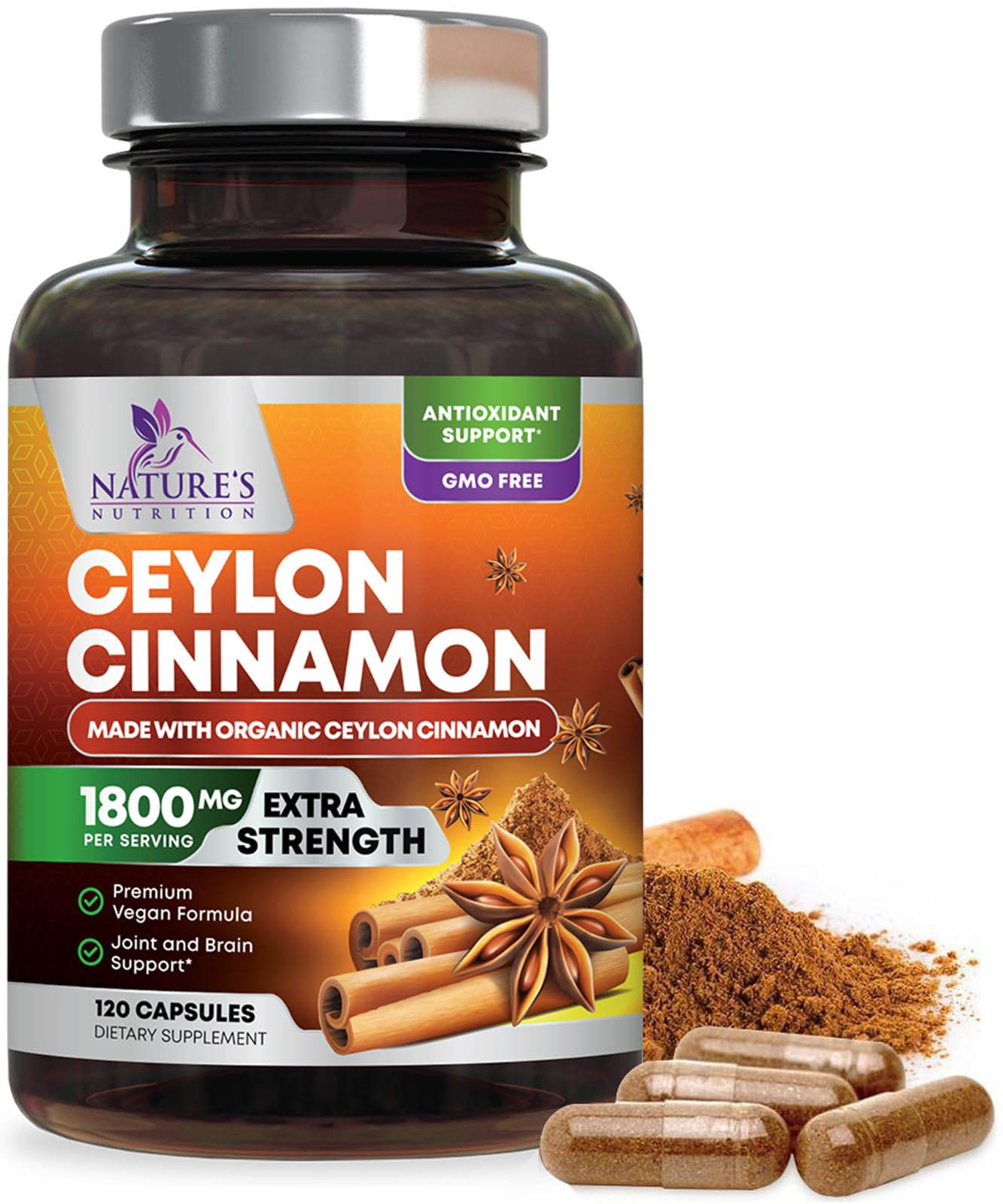 Nature's Nutrition Organic Ceylon Cinnamon capsules bottle for daily energy support.