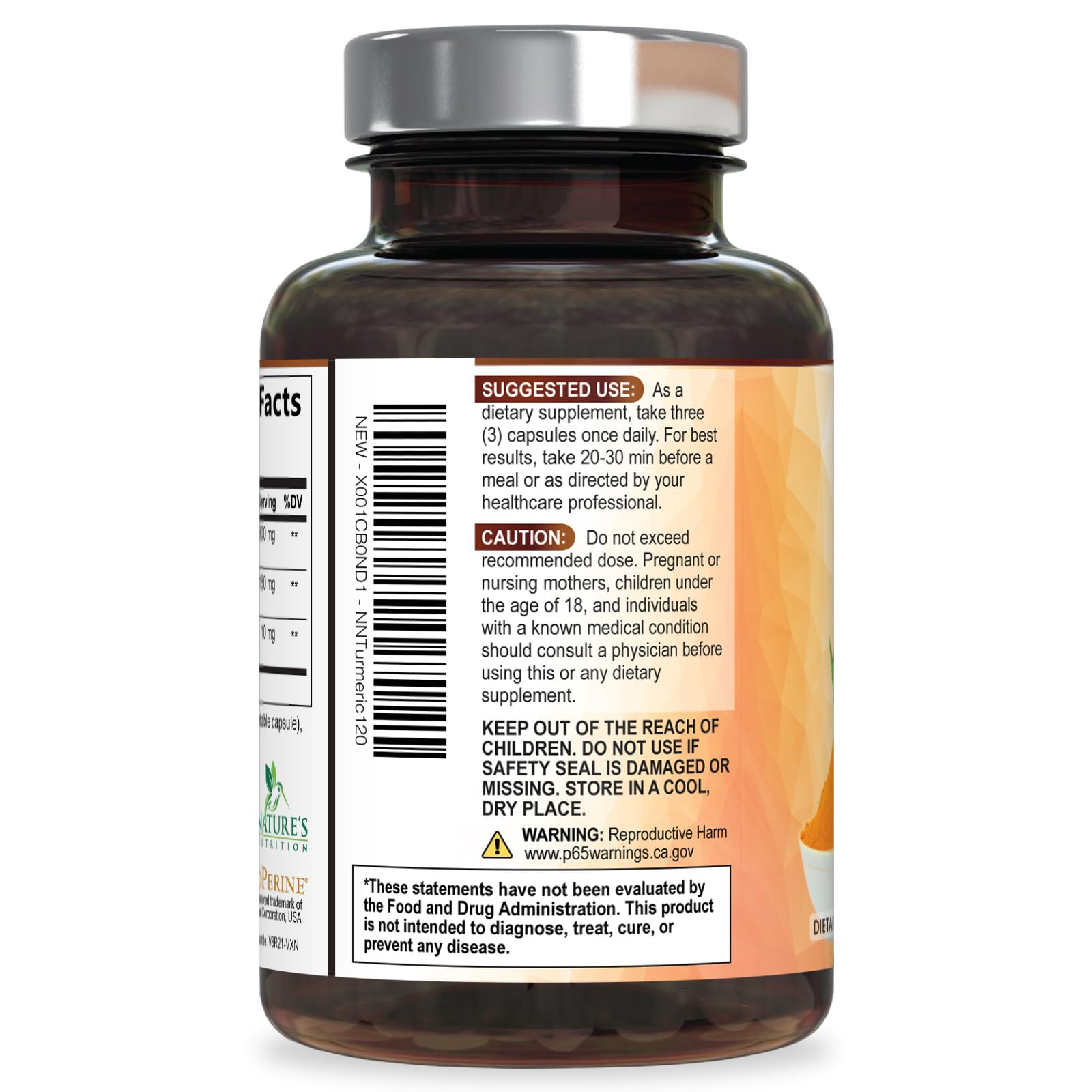 Nature's Nutrition Organic Turmeric bottle with black pepper for enhanced absorption.