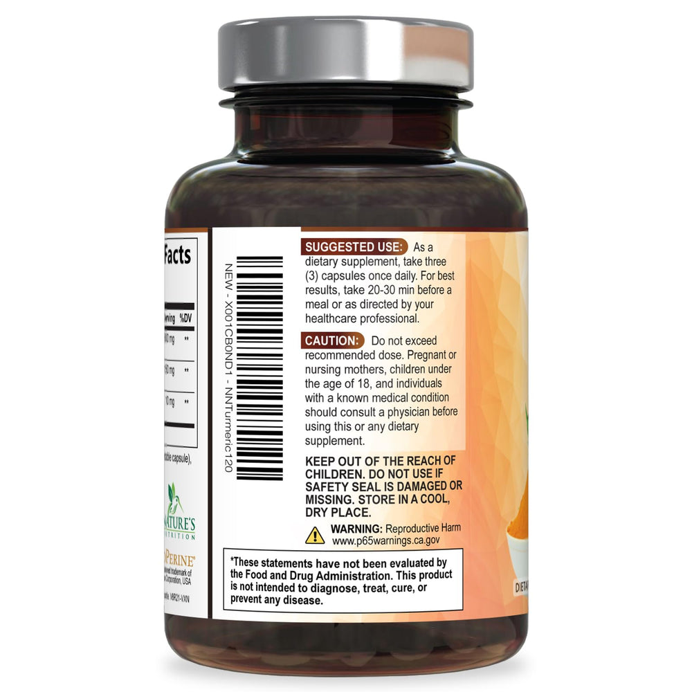 Nature's Nutrition Organic Turmeric bottle with black pepper for enhanced absorption.