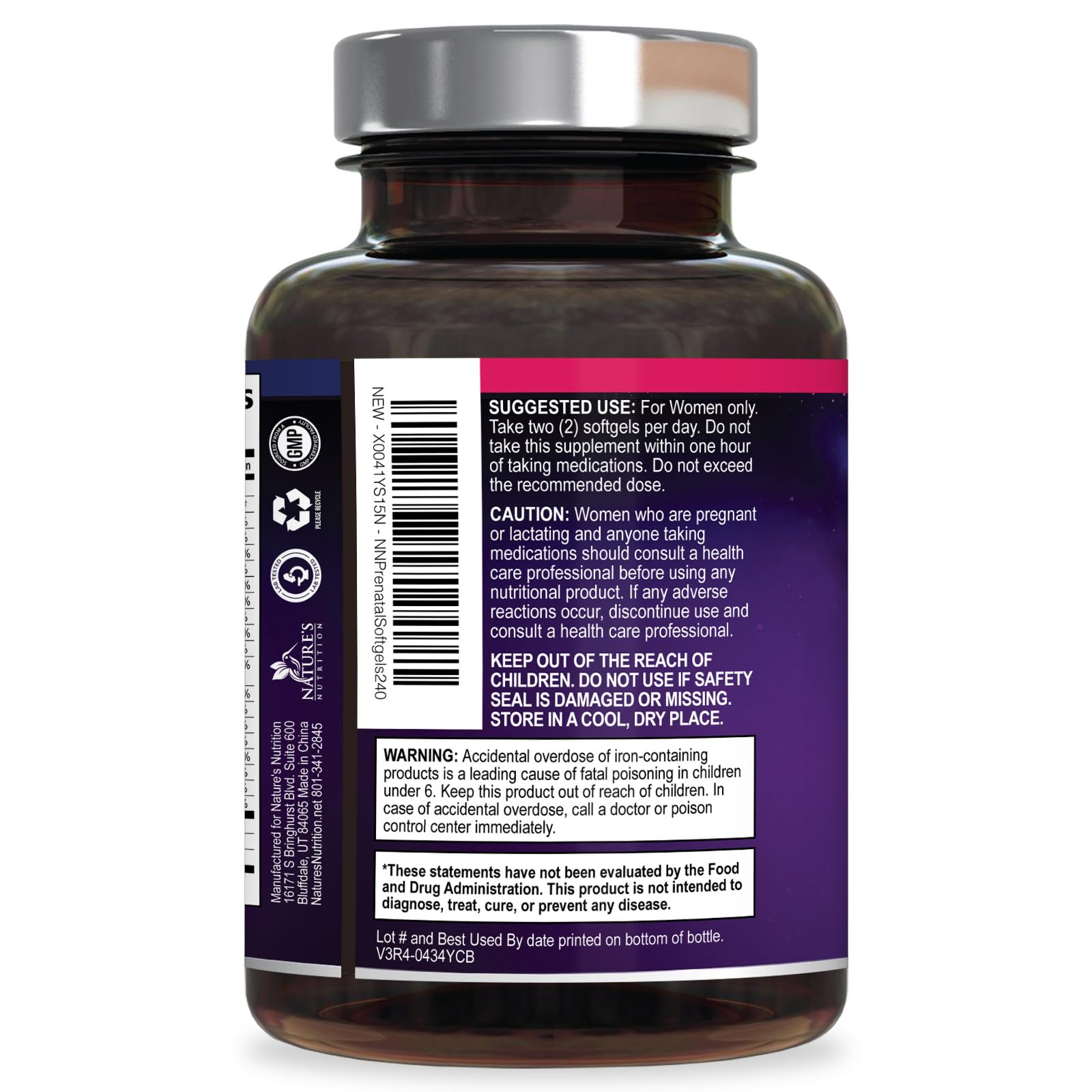 Nature's Nutrition bottle cap and label with spill-proof design