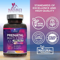 Illustration shows folic acid and DHA in Nature's Nutrition prenatal formula