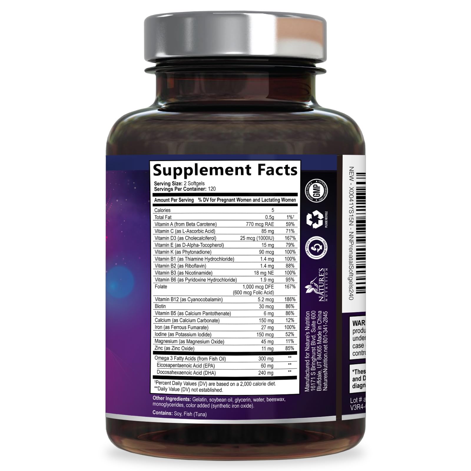 Nature's Nutrition prenatal supplement arranged with pills and nutrition notes
