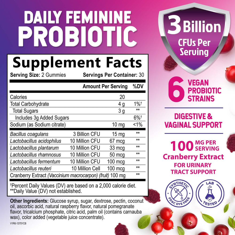 Nature's Nutrition Probiotics for Women gummies close-up with cranberry infusion