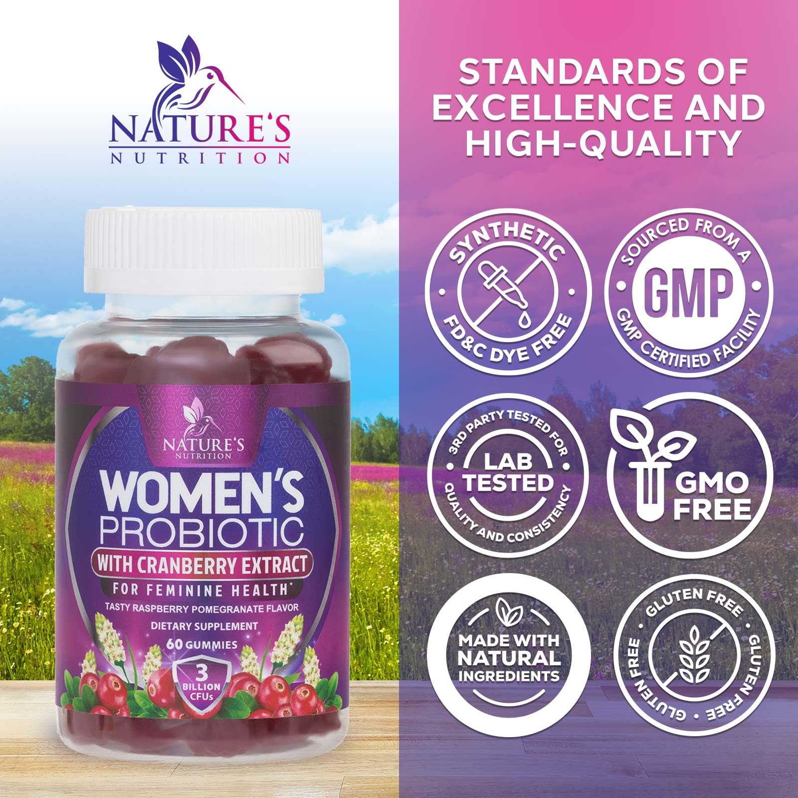 Nature's Nutrition Probiotics for Women packaging highlights feminine health benefits