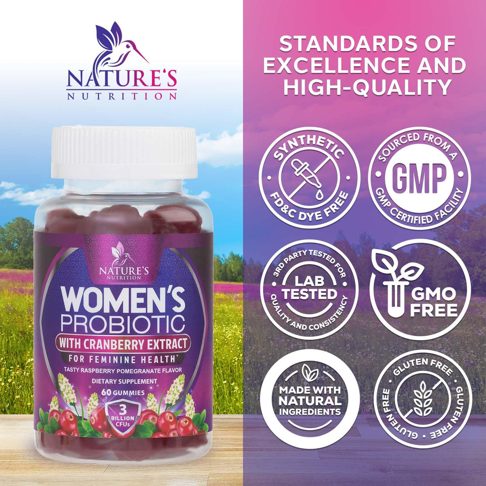 Nature's Nutrition Probiotics for Women packaging highlights feminine health benefits