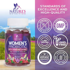 Nature's Nutrition Probiotics for Women packaging highlights feminine health benefits