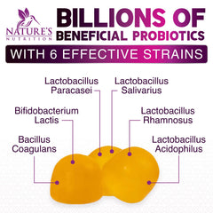 Nature's Nutrition six-strain probiotic gummies highlighting diverse gut support.