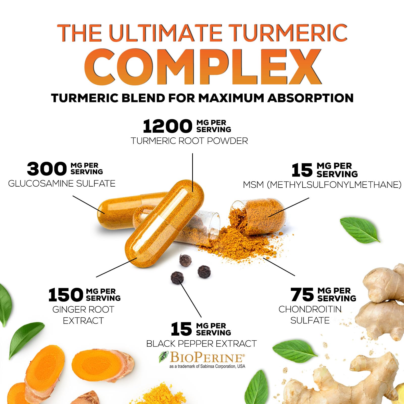 Nature's Nutrition Turmeric Curcumin bottle label highlighting BioPerine for absorption