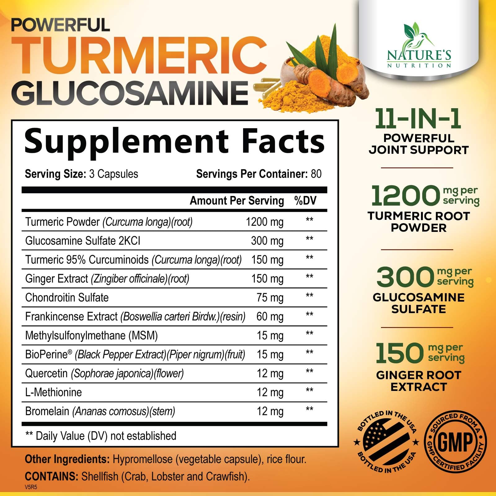 Nature's Nutrition Turmeric Curcumin capsules closeup showing high-potency blend
