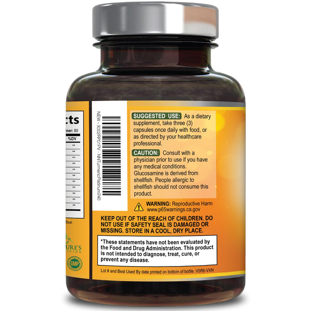 Nature's Nutrition Turmeric Curcumin ingredient list featuring glucosamine, ginger, MSM