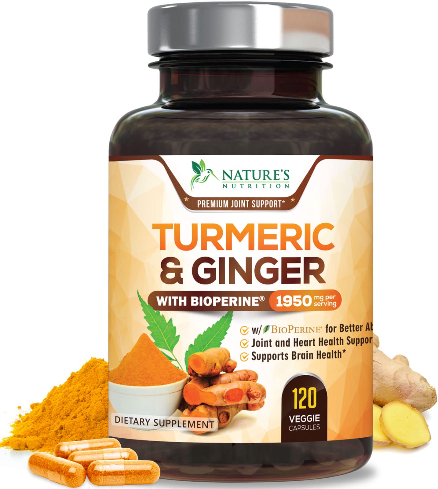 Nature's Nutrition turmeric-ginger bottle shows organic blend for joint support