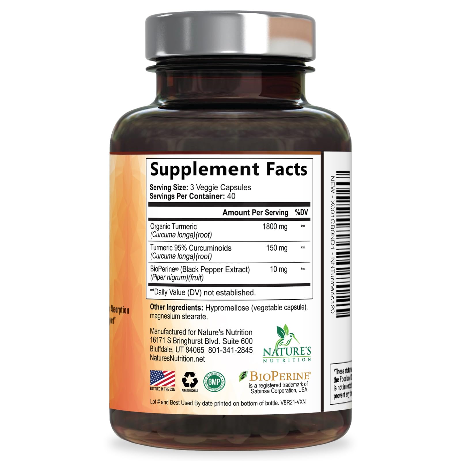 Nature's Nutrition Turmeric Curcumin capsules pictured with a glass of water.