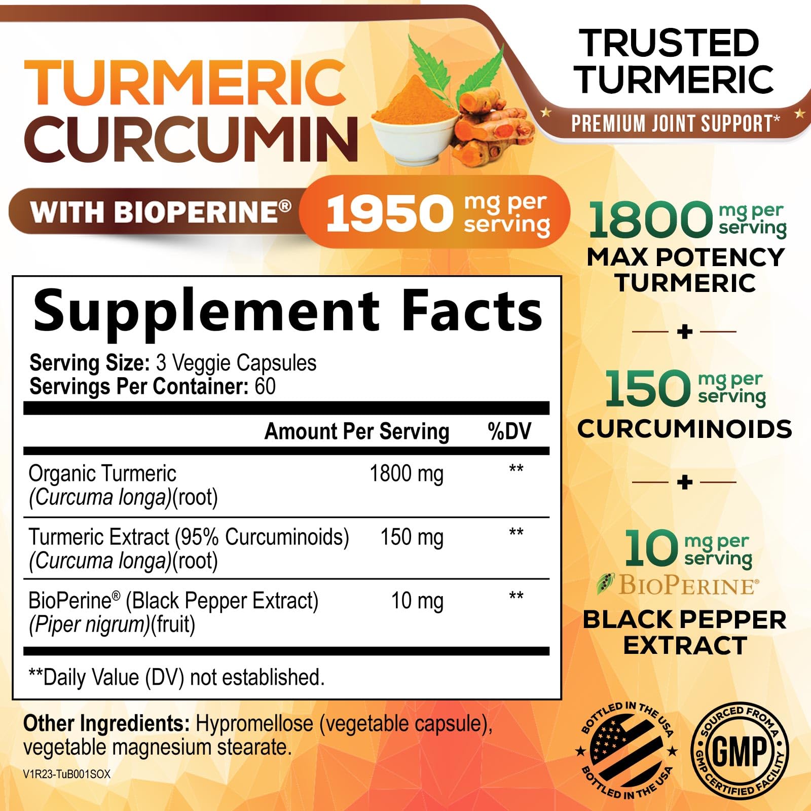 Nature's Nutrition Turmeric Curcumin label close-up showing organic turmeric claim