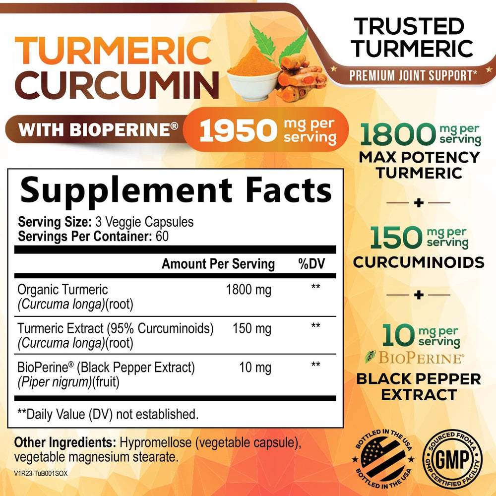 Nature's Nutrition Turmeric Curcumin label close-up showing organic turmeric claim