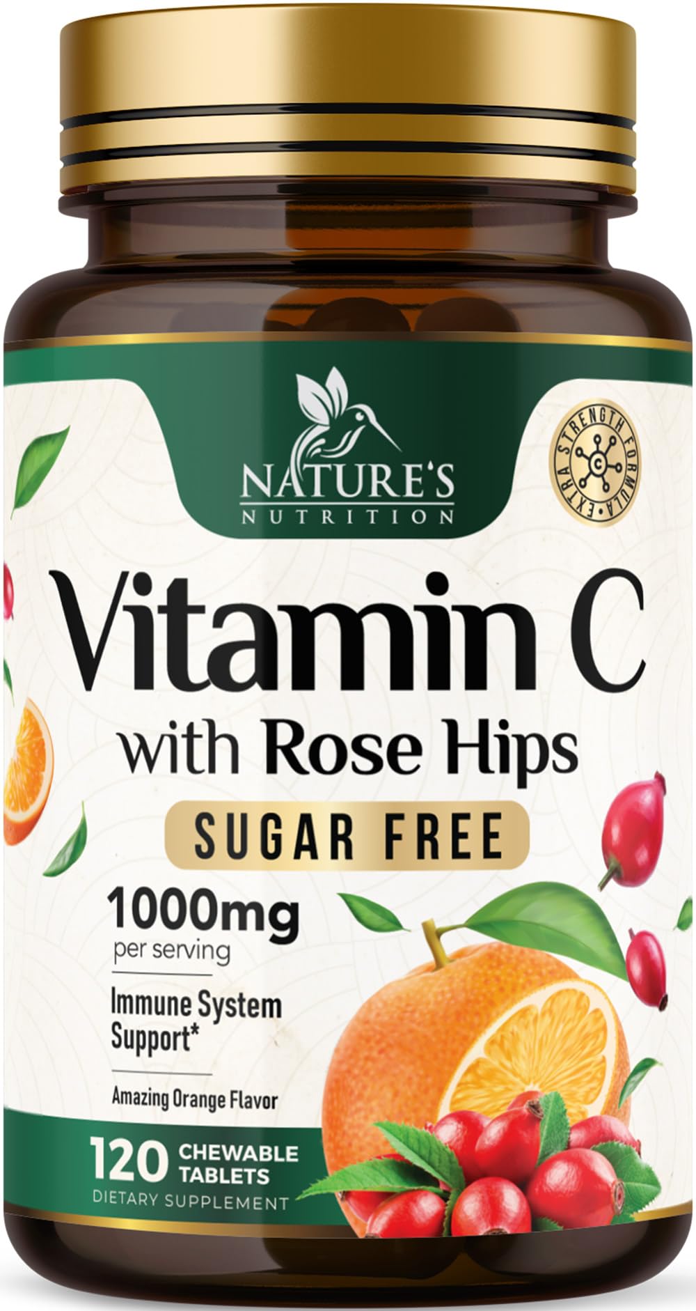 Nature's Nutrition Vitamin C 1000mg chewables bottle on countertop, daily antioxidant support.