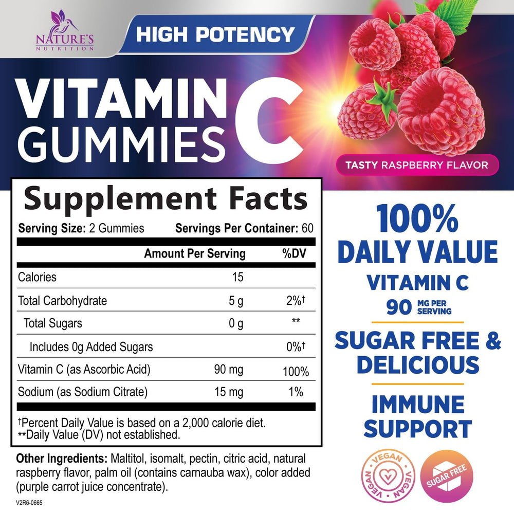 Nature's Nutrition Vitamin C Gummies raspberry bottle close-up showing chewy texture for easy daily dose