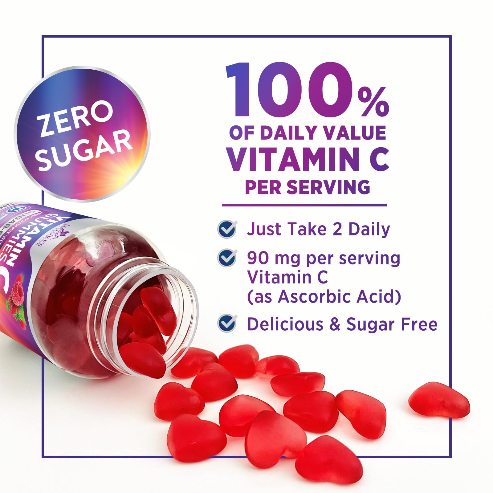 Nature's Nutrition Vitamin C Gummies with raspberries and vegan formula supported by antioxidants