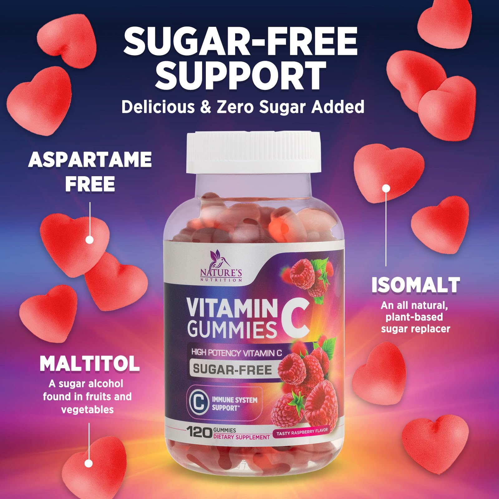 Nature's Nutrition Vitamin C Gummies sugar-free label highlights zero added sugar