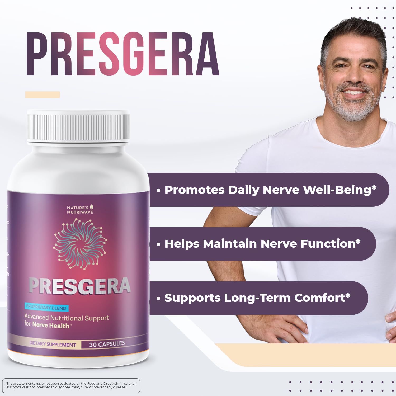 Nature’s NutriWave Presgera capsules closeup highlighting plant-based ingredients.