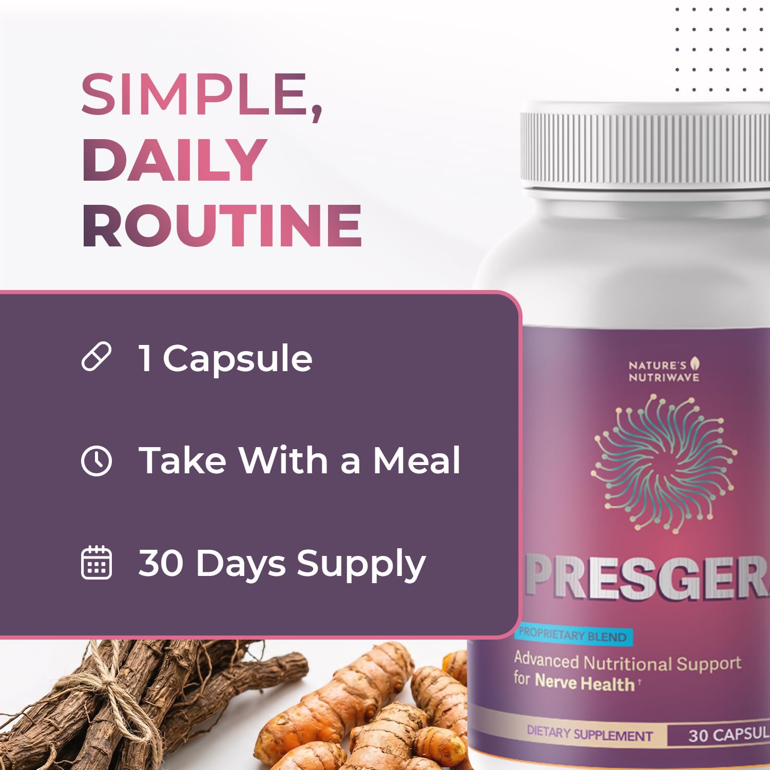 Nature’s NutriWave Presgera daily-dose setup suggests an easy routine.
