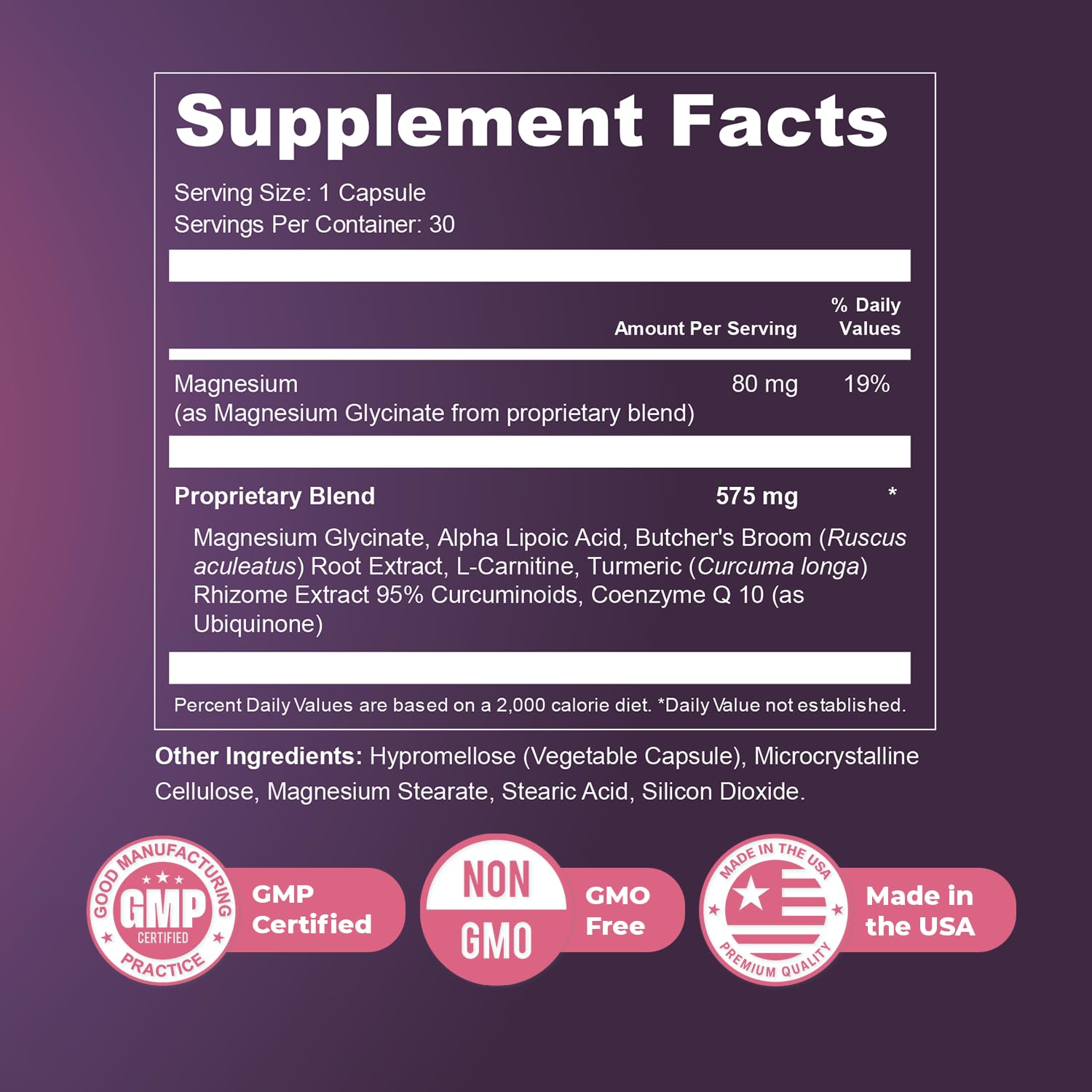 Ingredients blend card highlights magnesium glycinate and turmeric benefits.