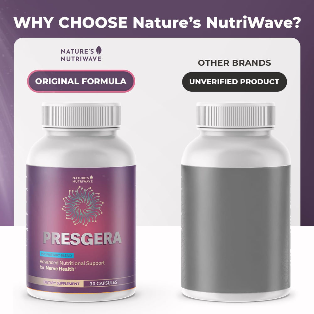 Nature’s NutriWave Presgera packaging interior reveals compact bottle.