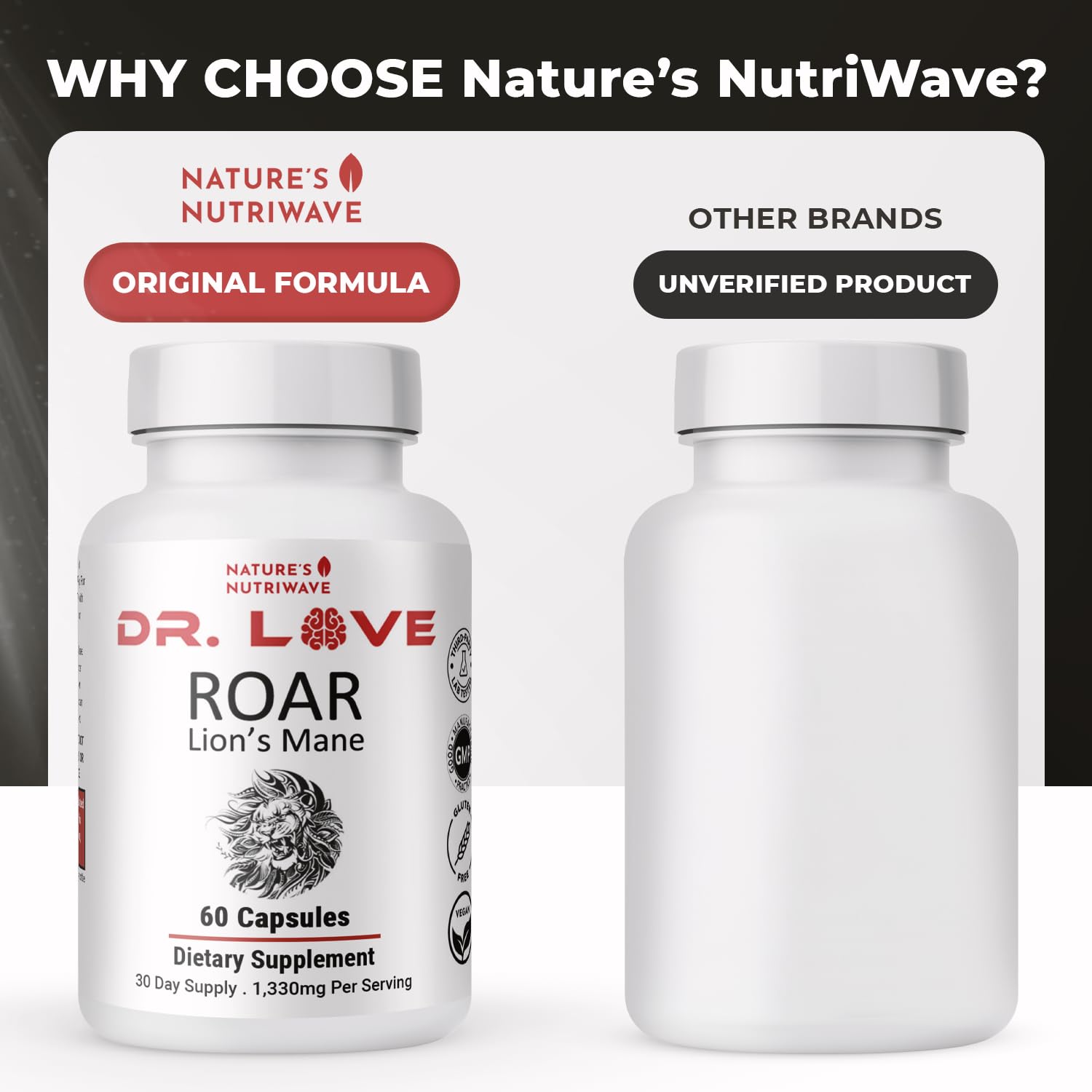 Nature’s NutriWave ROAR Lion’s Mane packaging display for vegan, gluten-free supplement.