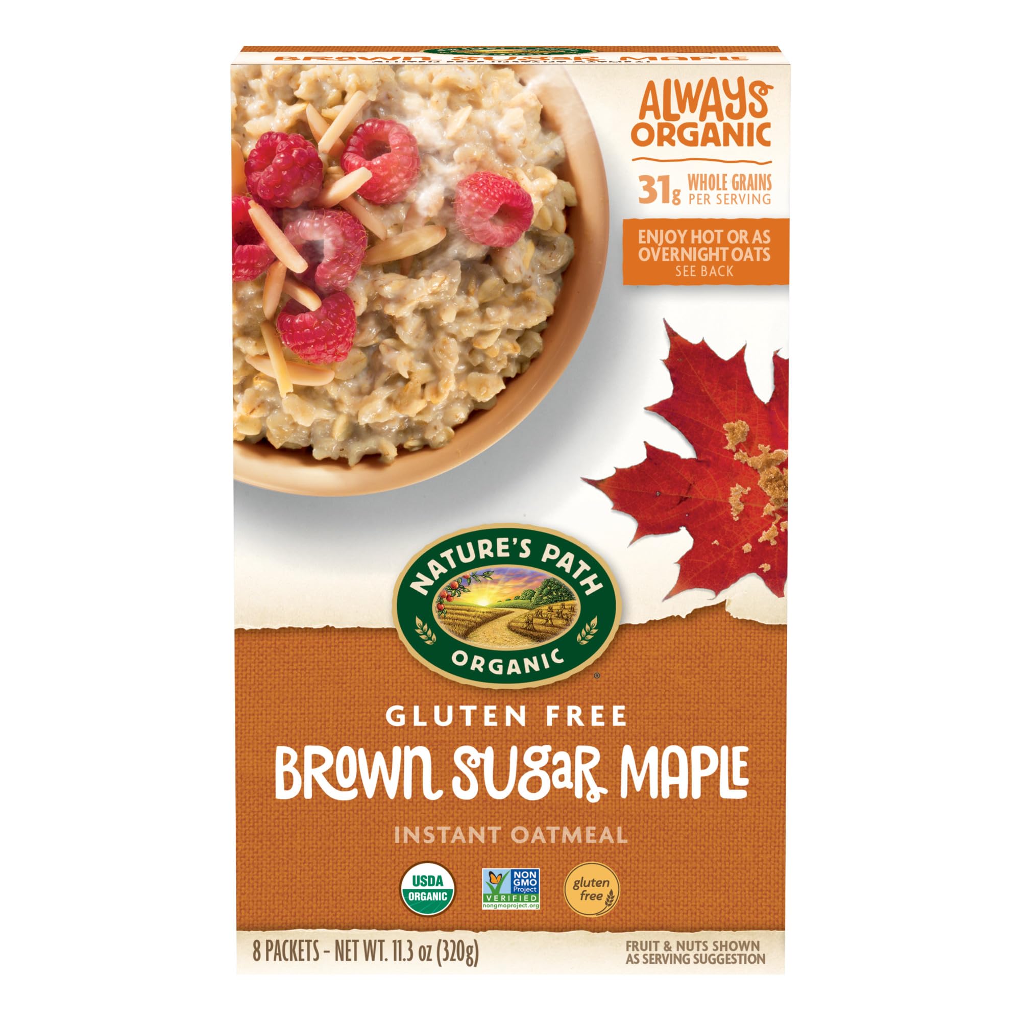 Nature's Path Brown Sugar Maple Instant Oatmeal boxes showcase six-pack convenience for quick mornings.