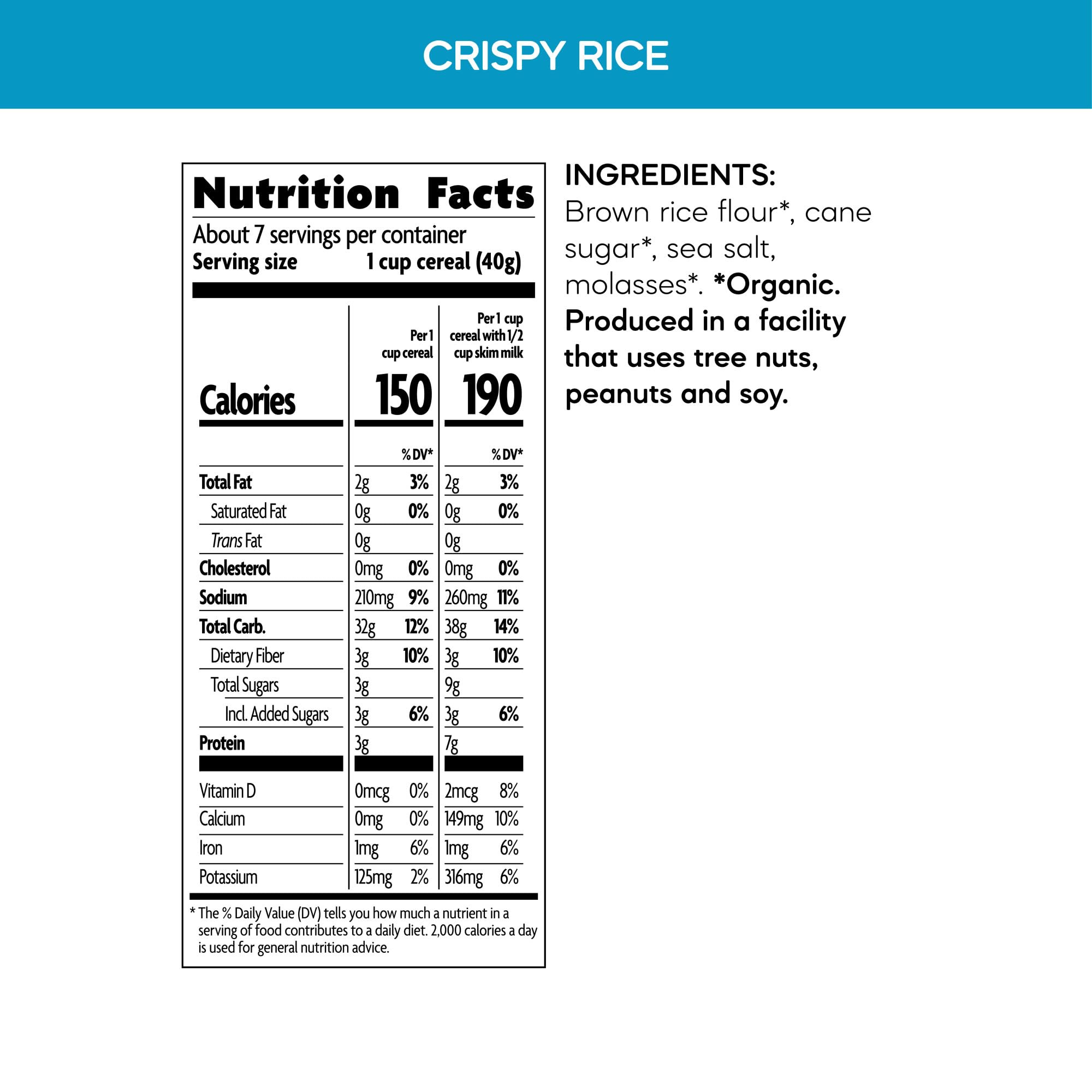 Nature's Path Crispy Rice Cereal bowl with milk highlighting crisp texture and whole grains.