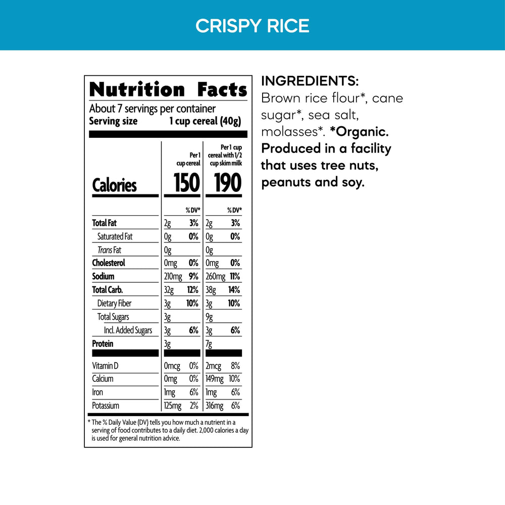 Nature's Path Crispy Rice Cereal bowl with milk highlighting crisp texture and whole grains.