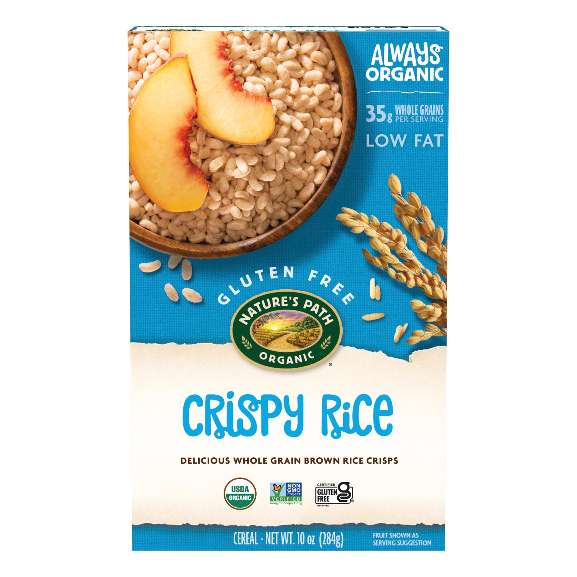 Nature's Path Crispy Rice Cereal box showing gluten-free, non-GMO packaging and clean ingredients.