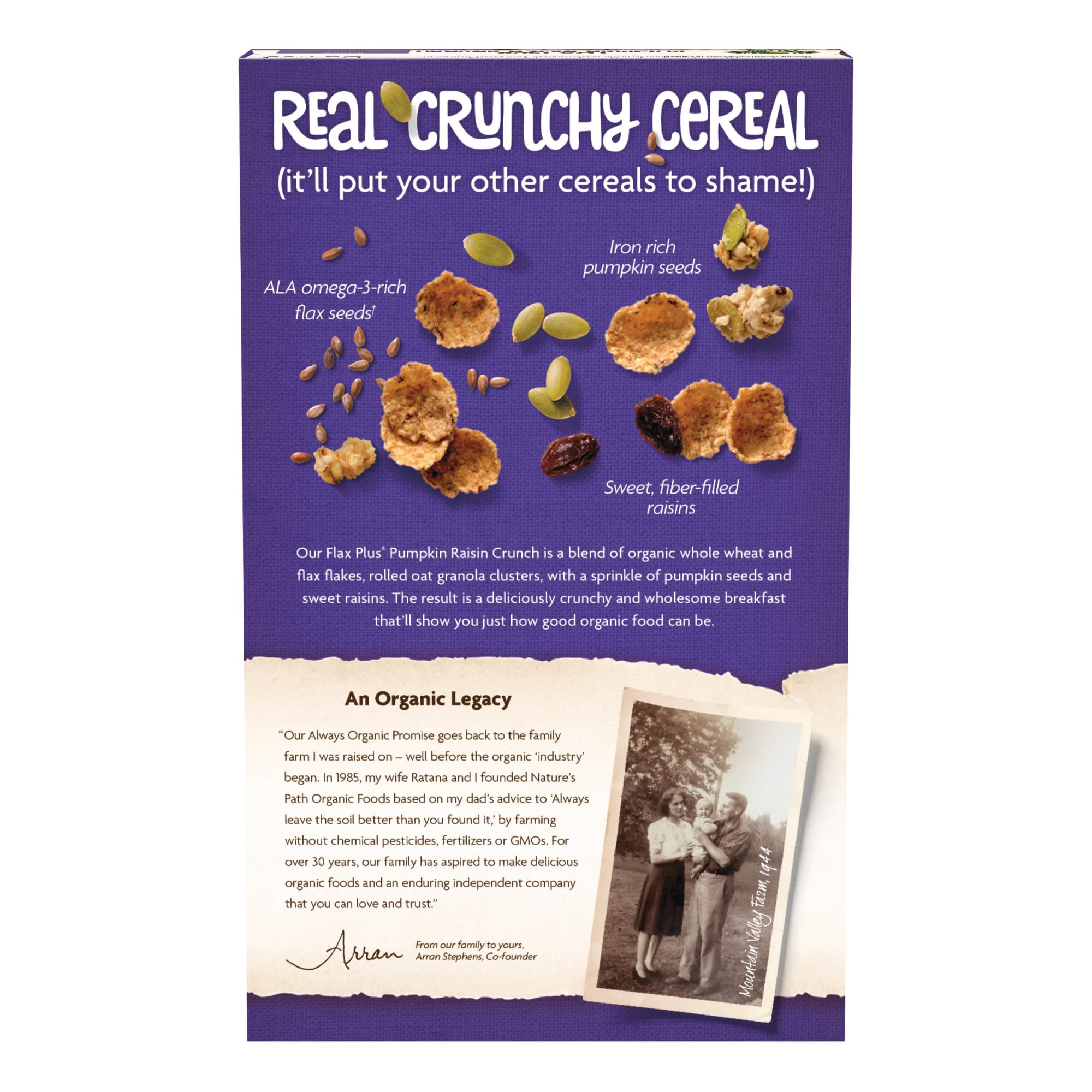 Nature's Path Flax Plus Pumpkin Raisin Crunch cereal bowl ready for a quick, nutritious breakfast.