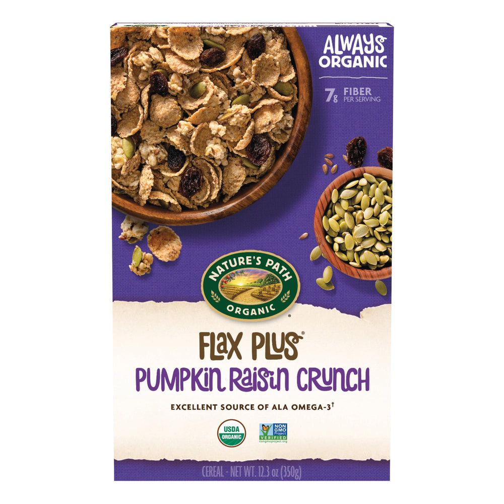 Nature's Path Flax Plus Pumpkin Raisin Crunch cereal box with organic ingredients for a wholesome breakfast.