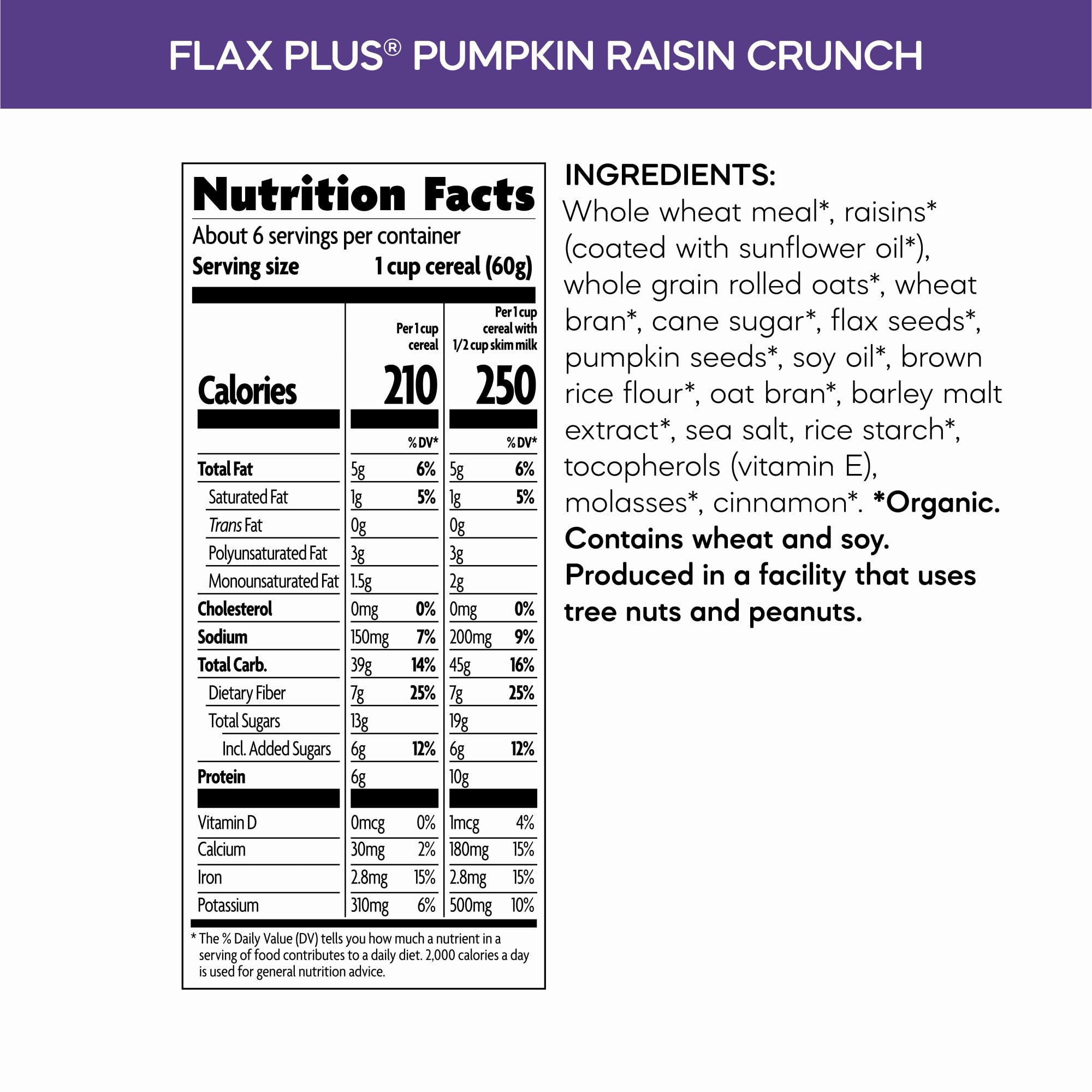 Nature's Path Flax Plus Pumpkin Raisin Crunch cereal close-up highlights flax flakes and granola clusters for texture.
