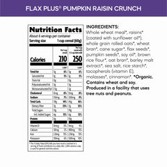 Nature's Path Flax Plus Pumpkin Raisin Crunch cereal close-up highlights flax flakes and granola clusters for texture.