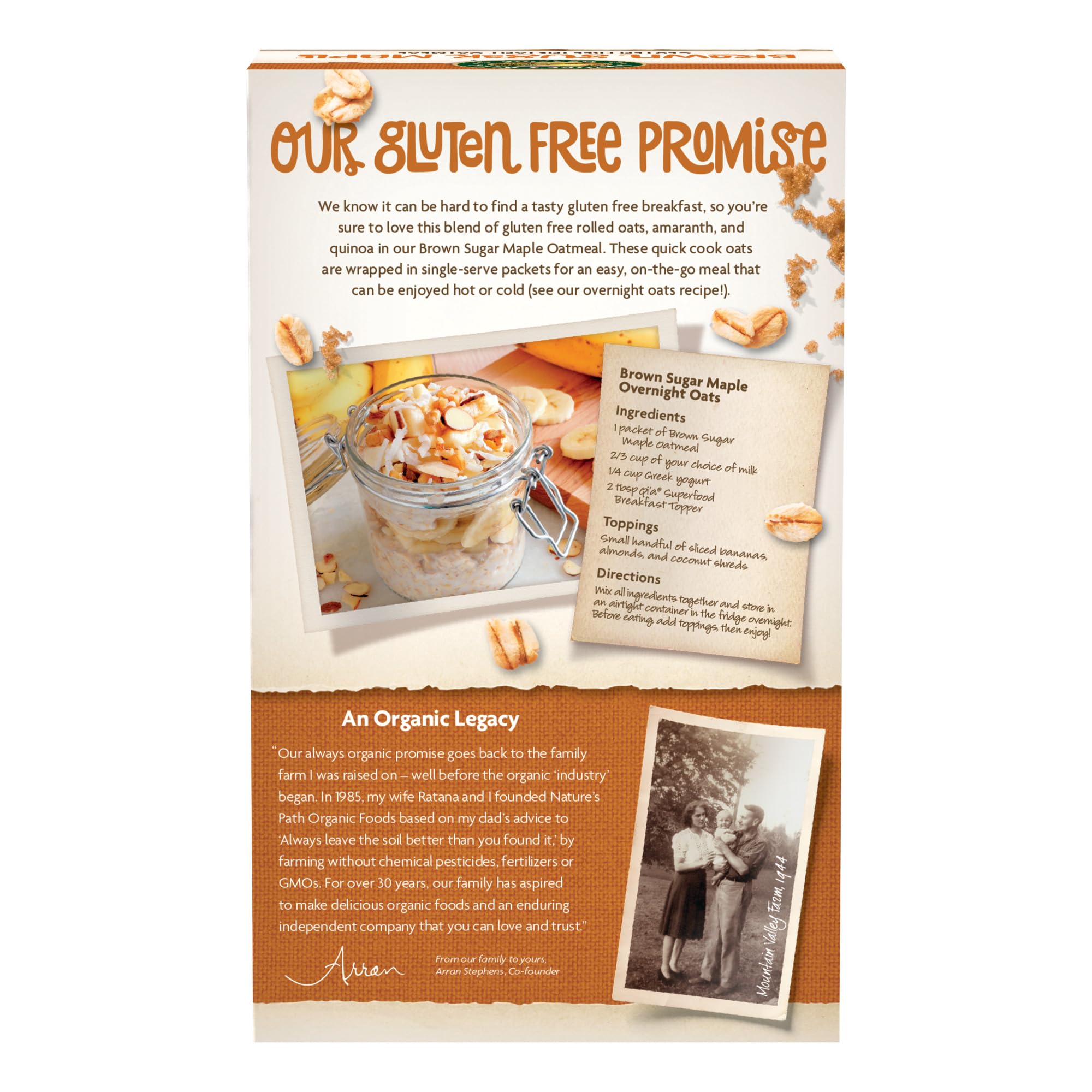 Nature's Path gluten-free label on oatmeal packaging signals allergy-friendly breakfast.