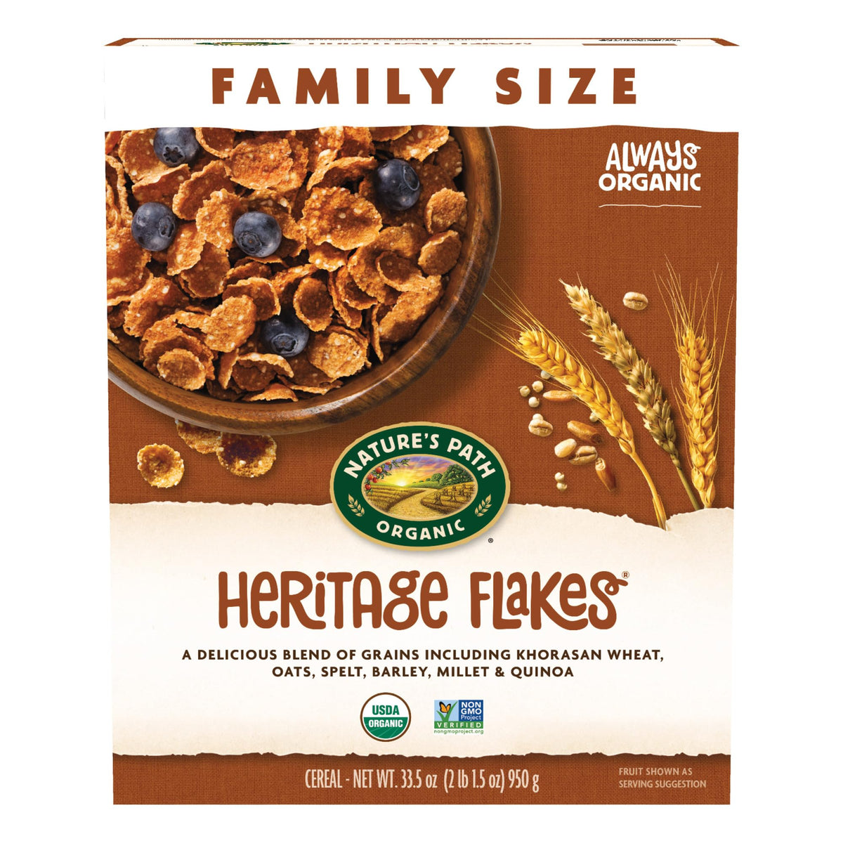Nature's Path Heritage Flakes cereal box front showing six ancient grains for a wholesome breakfast.