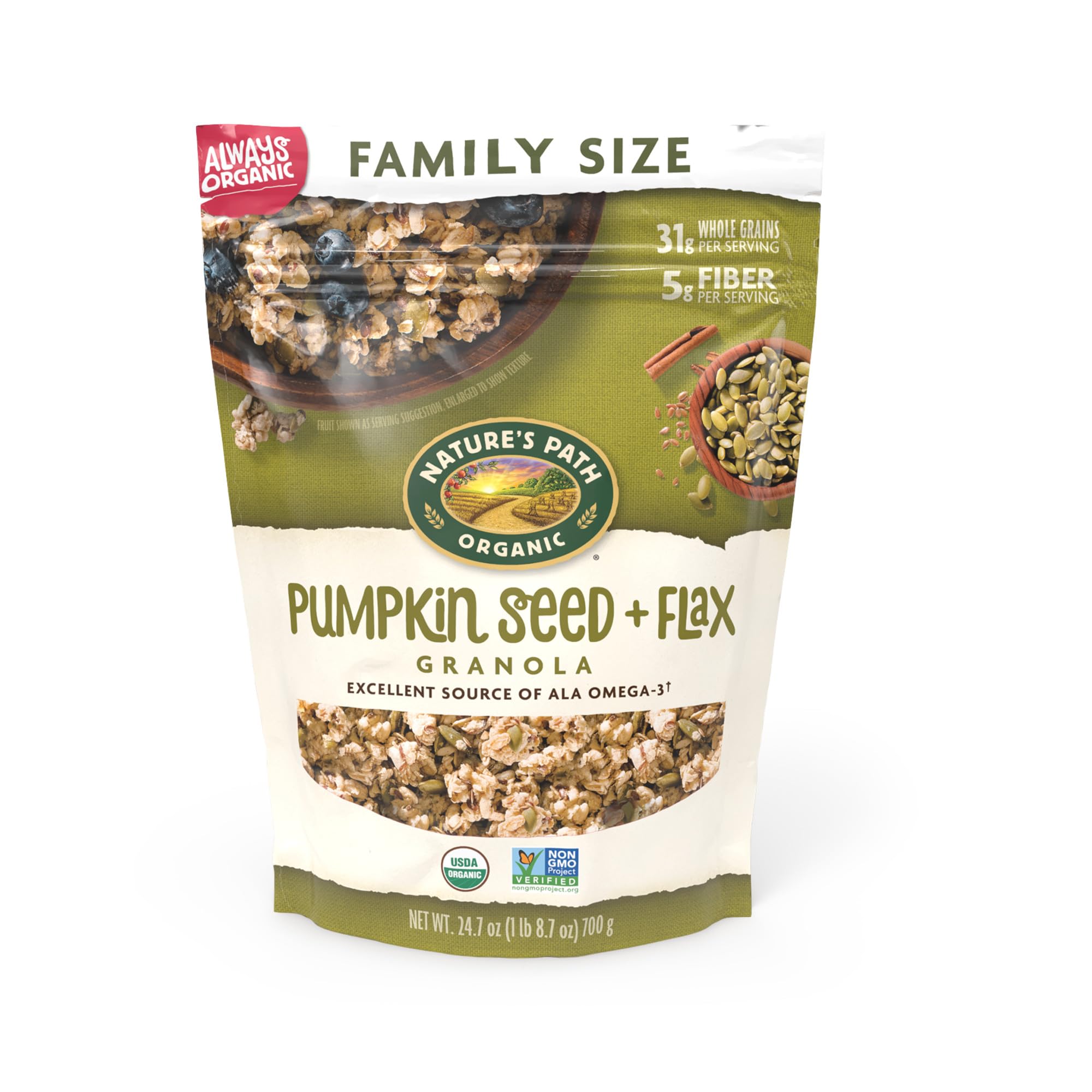 Nature's Path Pumpkin Seed + Flax Granola pack on kitchen counter for a wholesome breakfast