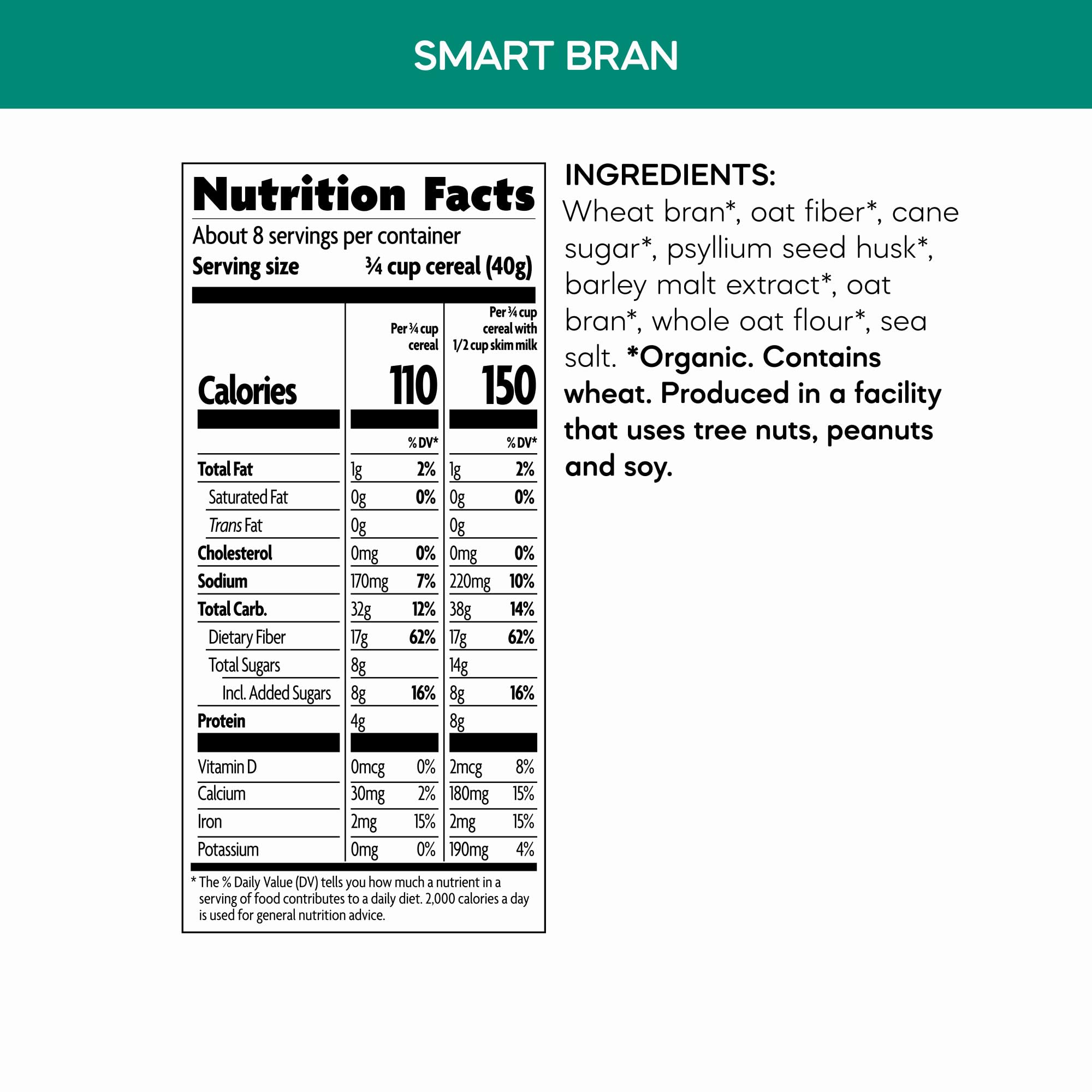 Nature's Path Smart Bran shows organic ingredients like wheat bran and psyllium.