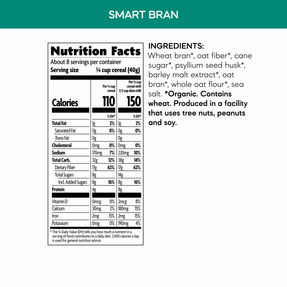 Nature's Path Smart Bran shows organic ingredients like wheat bran and psyllium.