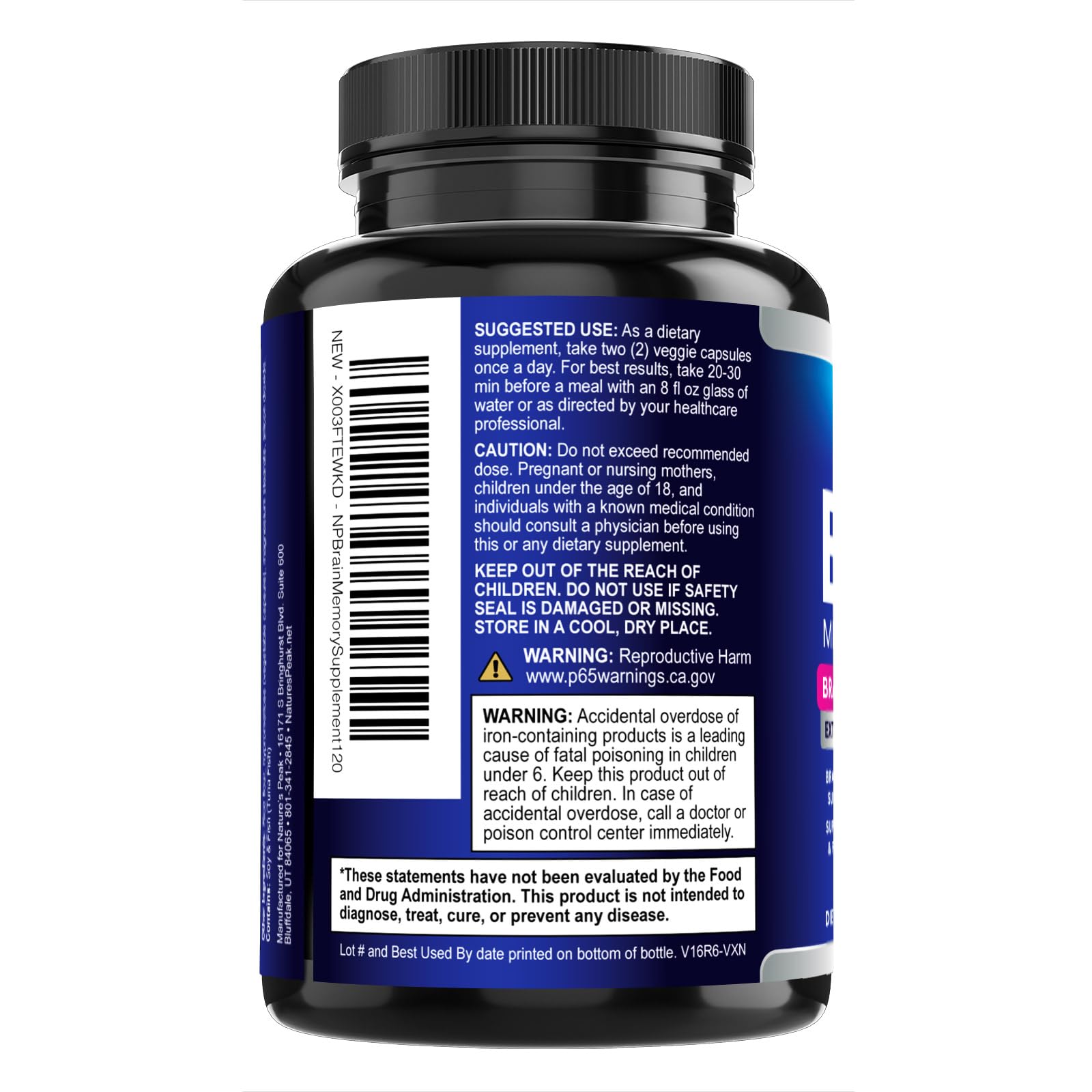 Nature's Peak vitamins B12 and C ingredients highlight cognitive support.