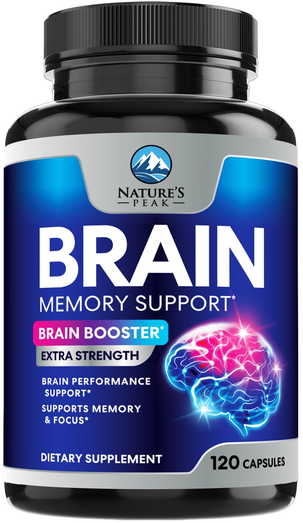 Nature's Peak brain memory supplement bottle with capsules for daily focus.