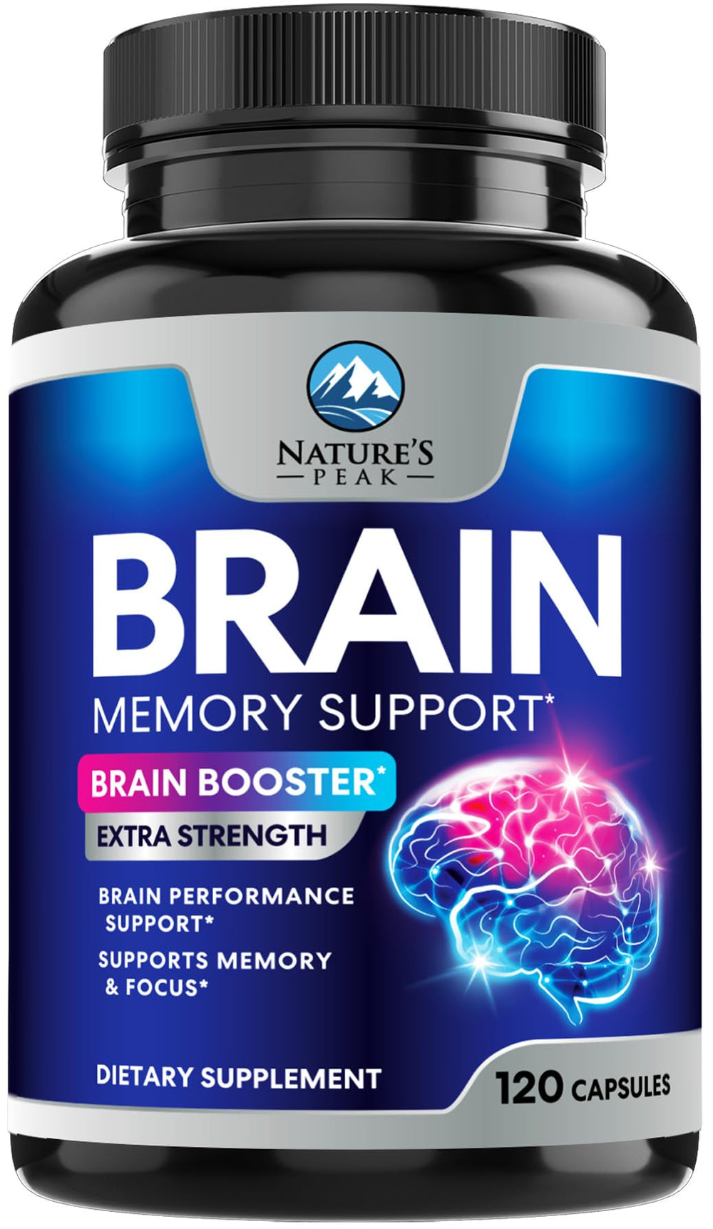 Nature's Peak brain memory supplement bottle with capsules for daily focus.